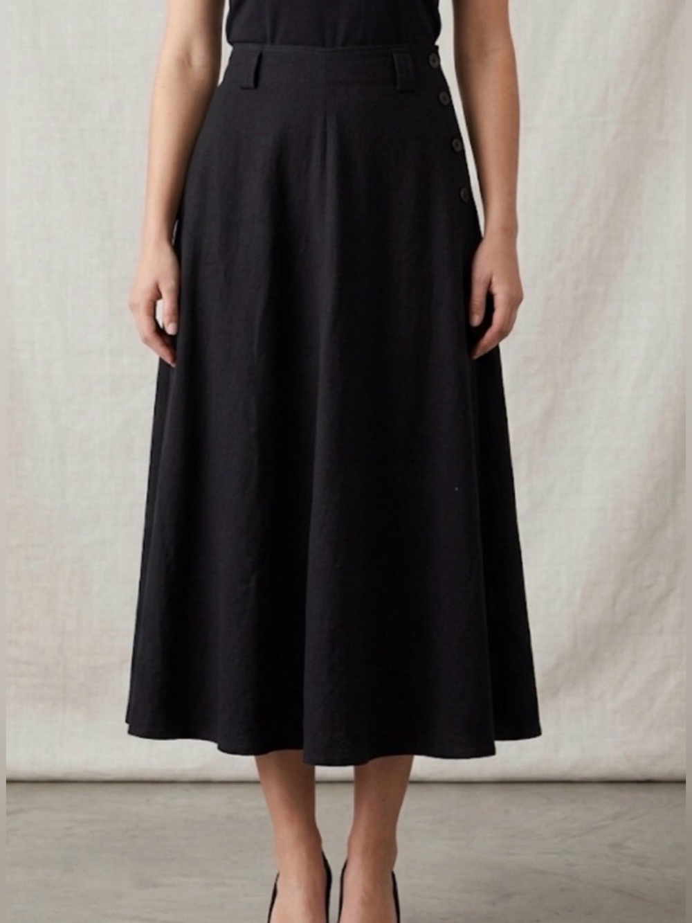Calvin Klein Black Wool A-Line Skirt Size 4 Side Buttons/Pocket(A582)